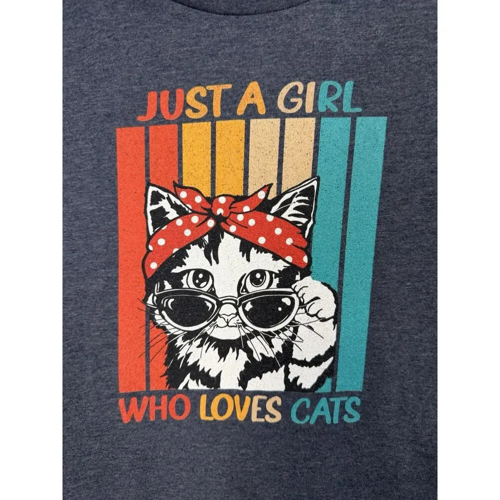 Just A Girl Who Loves Cats T-Shirt Big Girls Sz L Cat Lover’s Cotton Blend